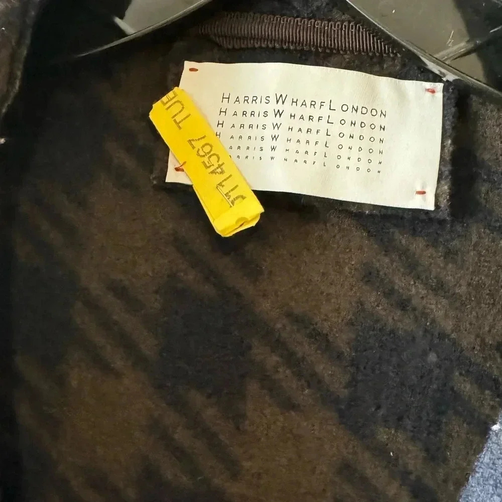 HARRIS WHARF LONDON EUC Gingham Belted Wool Maxi Coat Chocolate Brown Blue 10 44 - Picture 14 of 16